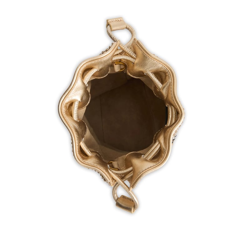 gold embellished drawstring bag by Selfnex