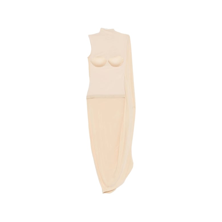 draped high neck dress in light beige by Selfnex
