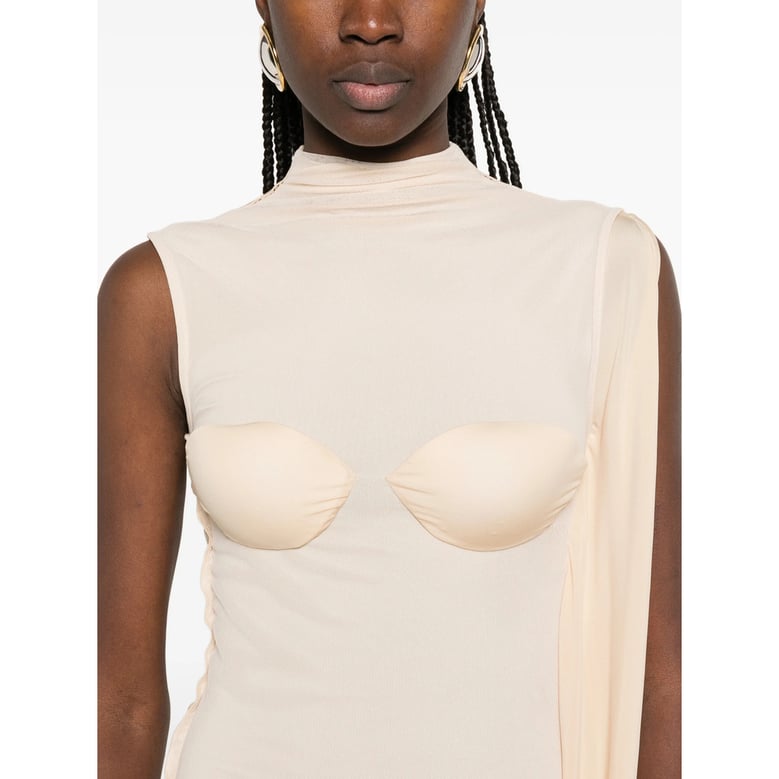 draped high neck dress in light beige by Selfnex