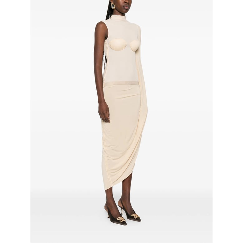 draped high neck dress in light beige by Selfnex