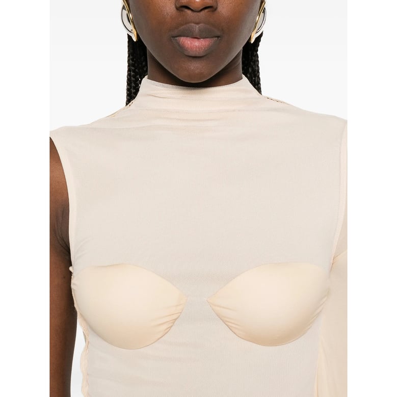 draped high neck dress in light beige by Selfnex