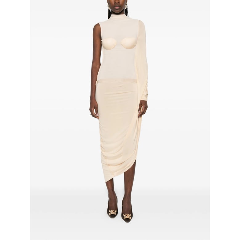 draped high neck dress in light beige by Selfnex