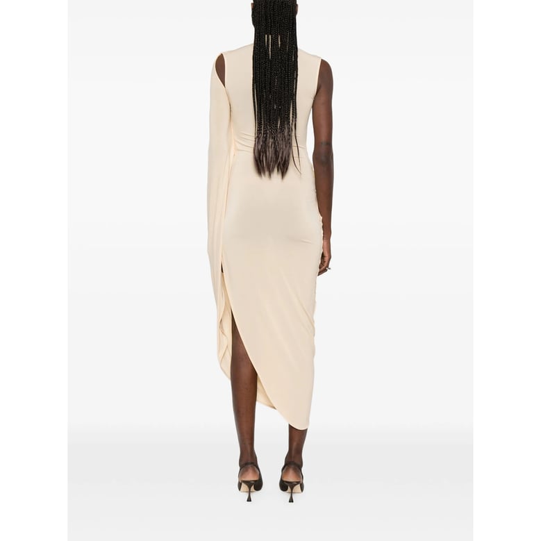 draped high neck dress in light beige by Selfnex