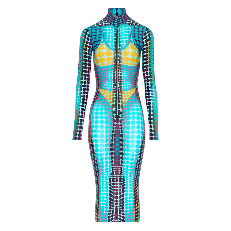 dress with blue, purple, and yellow dots print by Selfnex