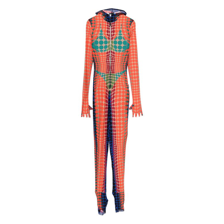 hooded jumpsuit with orange polka dots by Selfnex