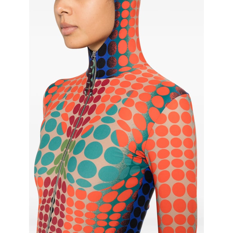 hooded jumpsuit with orange polka dots by Selfnex
