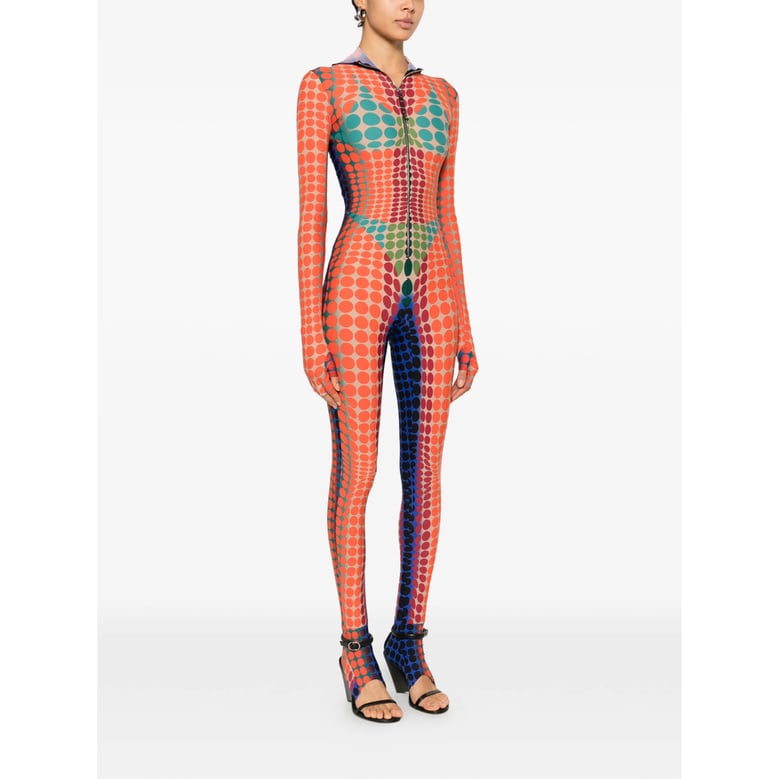 hooded jumpsuit with orange polka dots by Selfnex