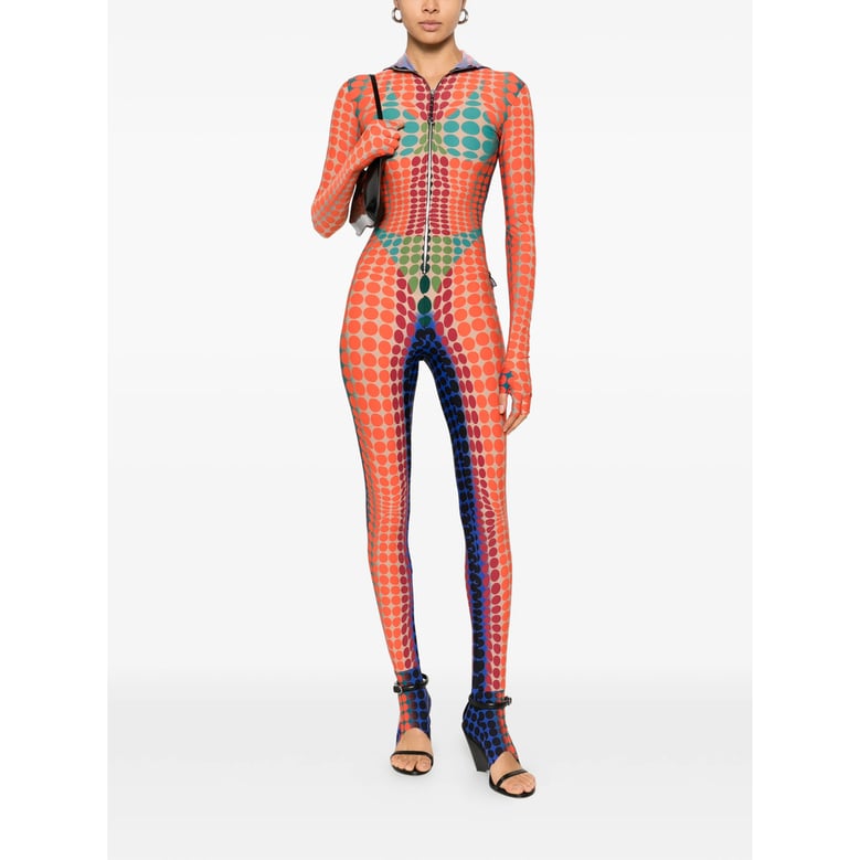 hooded jumpsuit with orange polka dots by Selfnex