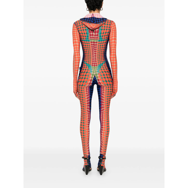 hooded jumpsuit with orange polka dots by Selfnex