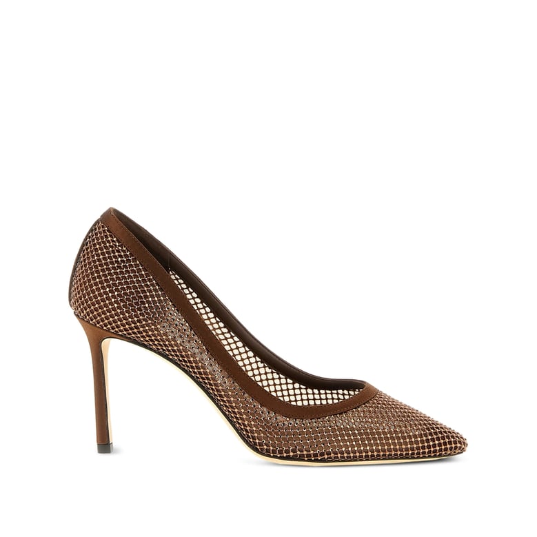 brown stiletto heel shoes with crystal embellishments by Selfnex