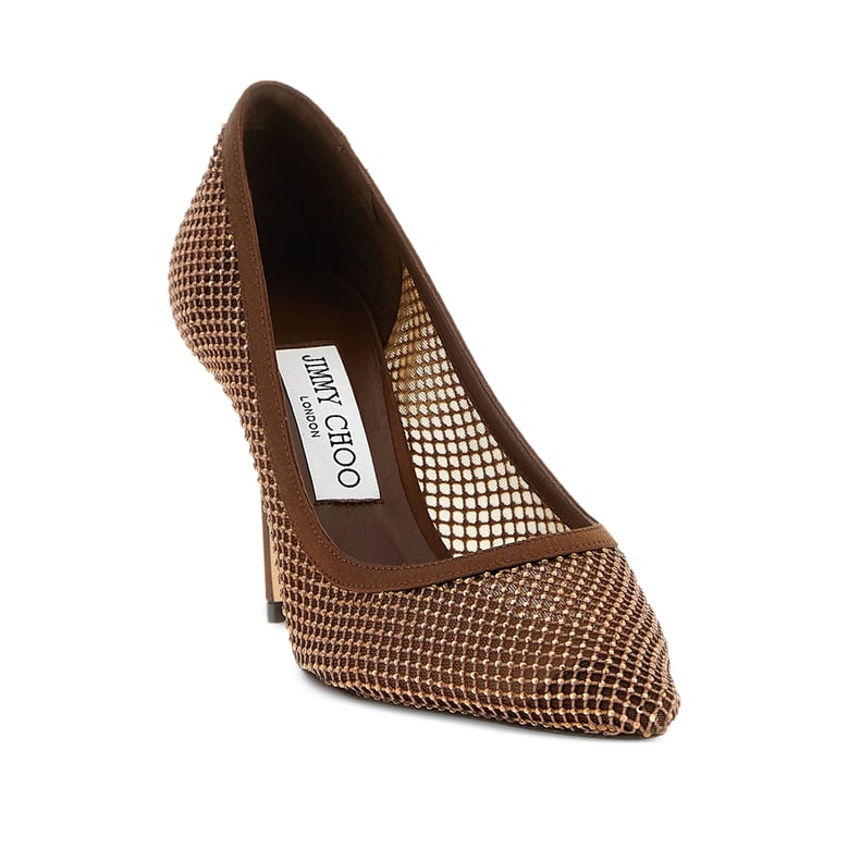 brown stiletto heel shoes with crystal embellishments by Selfnex