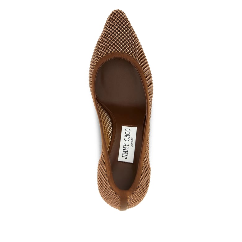 brown stiletto heel shoes with crystal embellishments by Selfnex