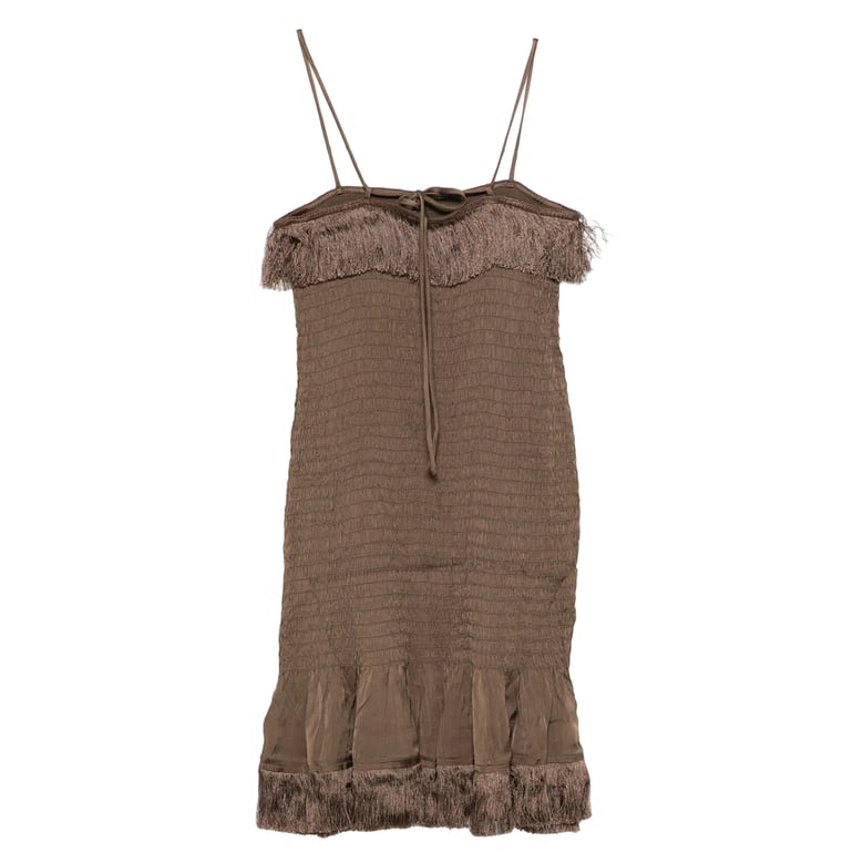 brown fringed trim dress by Selfnex