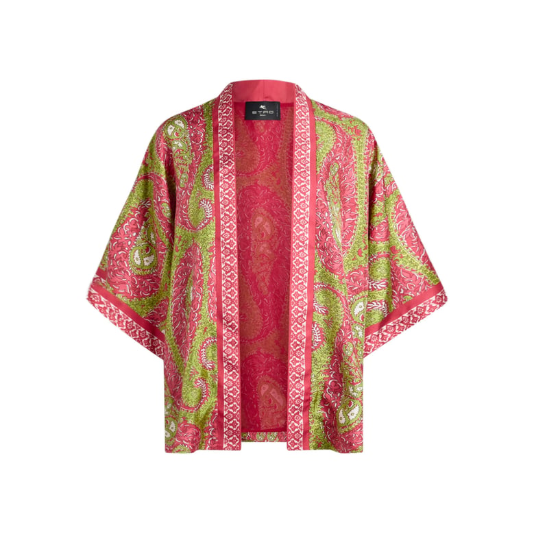 pink paisley outerwear with short sleeves by Selfnex