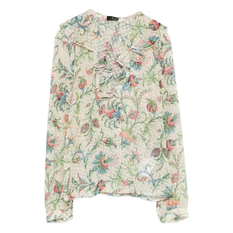 floral print ruffle trim shirt by Selfnex