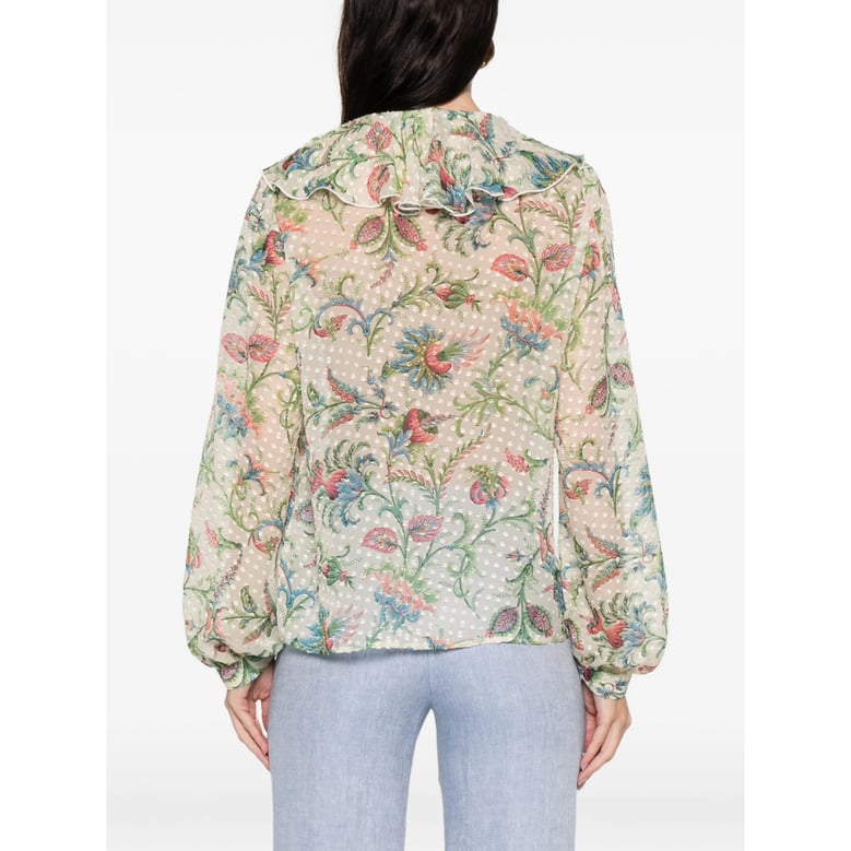 floral print ruffle trim shirt by Selfnex