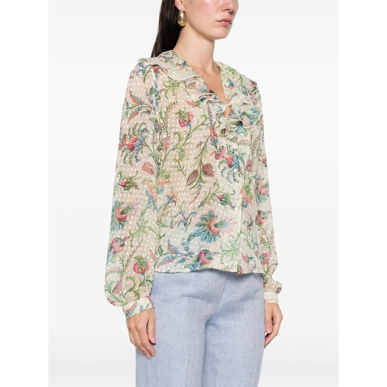 floral print ruffle trim shirt by Selfnex