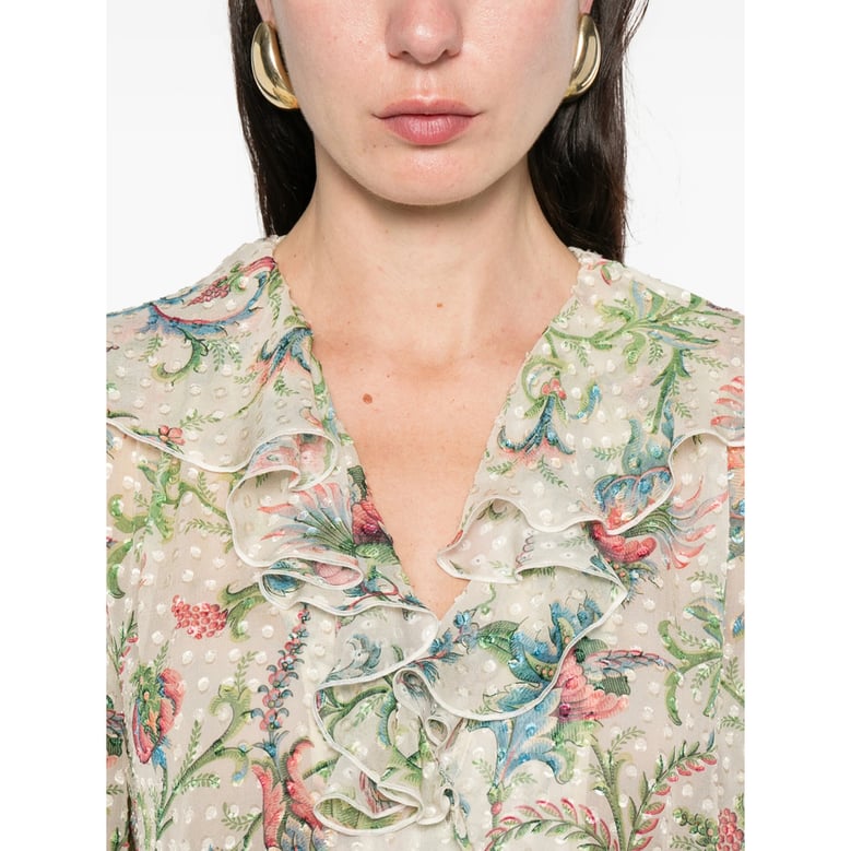 floral print ruffle trim shirt by Selfnex