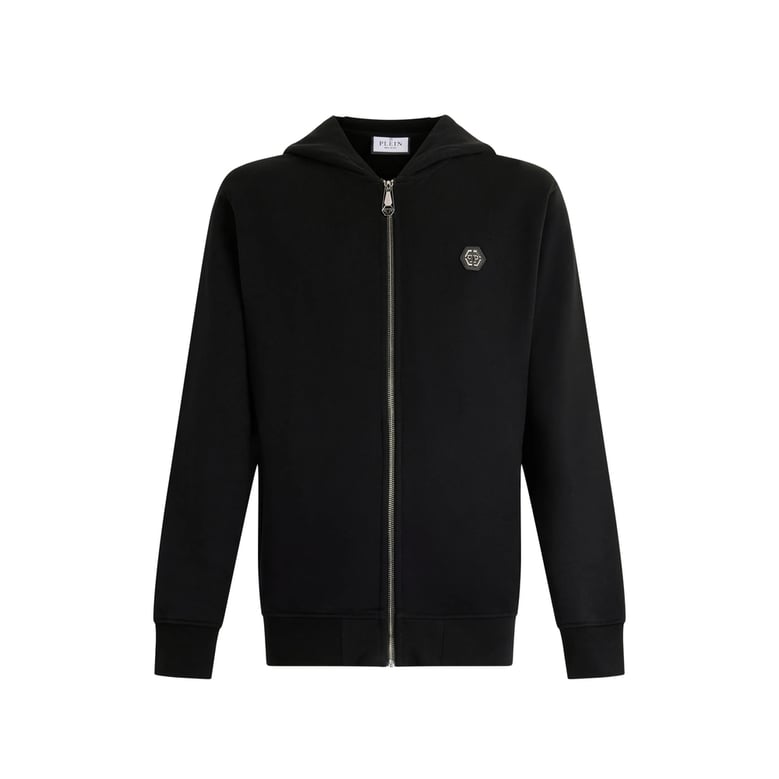 black hooded sweatshirt with logo plaque by Selfnex