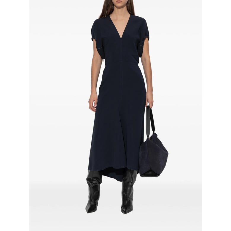 navy blue v-neck midi dress by Selfnex