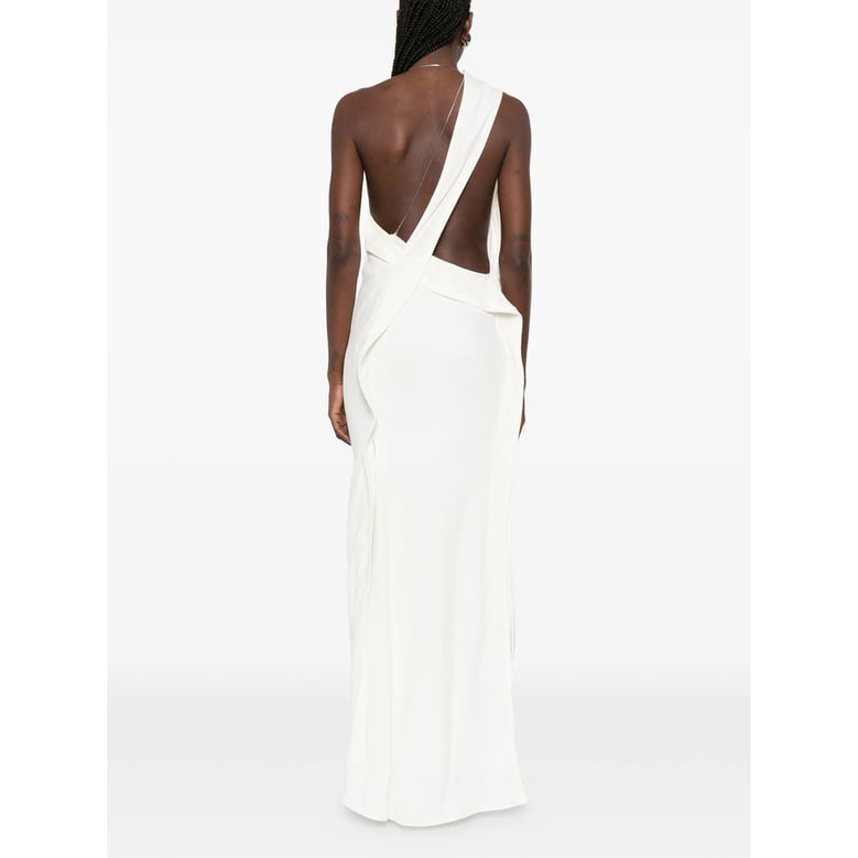 one-shoulder draped dress with chain detail by Selfnex