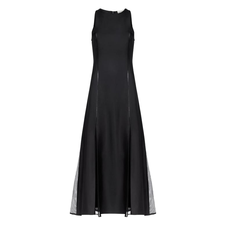 flared skirt dress with lace-stitching by Selfnex