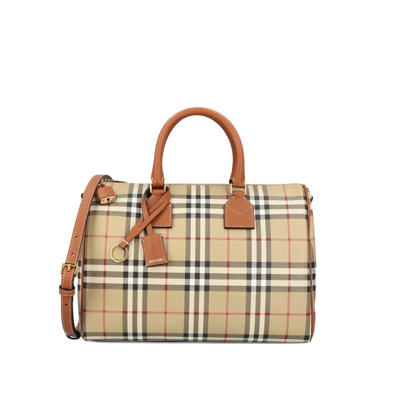 beige check pattern top handle bag by Selfnex