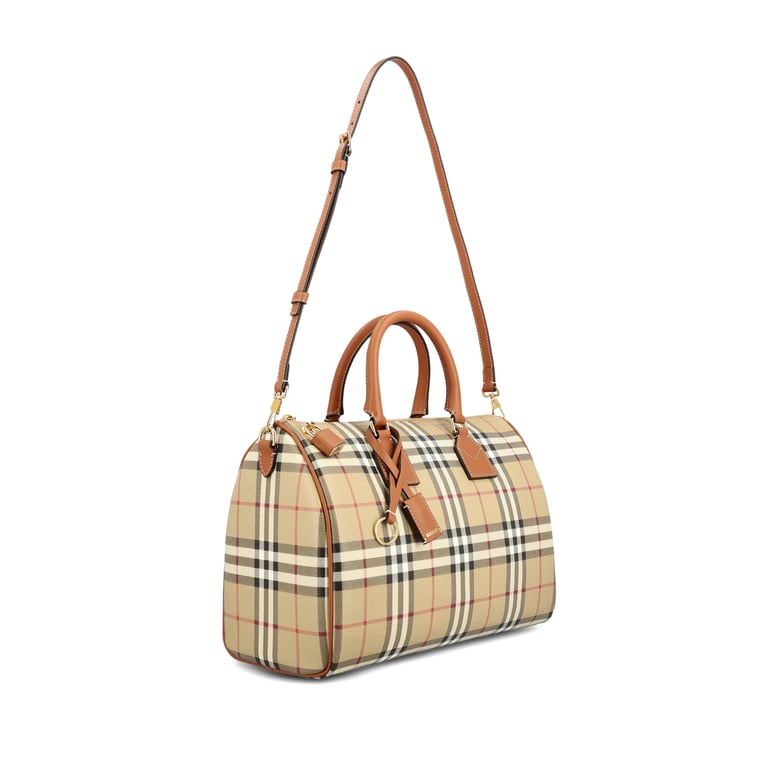 beige check pattern top handle bag by Selfnex