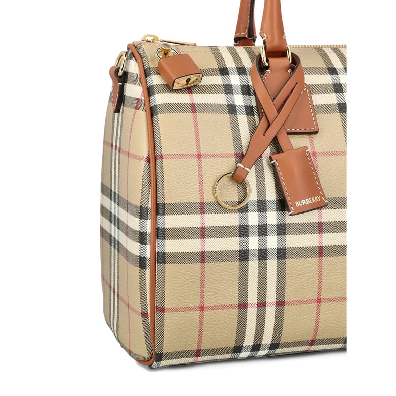 beige check pattern top handle bag by Selfnex