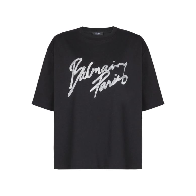 black cotton t-shirt with brush print by Selfnex