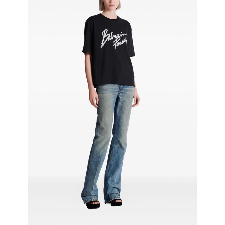 black cotton t-shirt with brush print by Selfnex