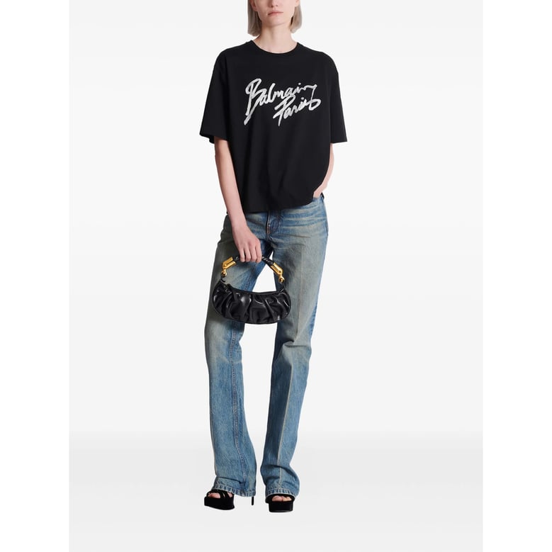 black cotton t-shirt with brush print by Selfnex