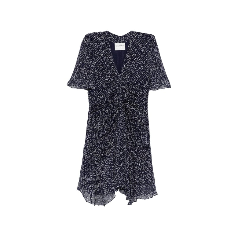 midnight blue printed dress with v-neck by Selfnex
