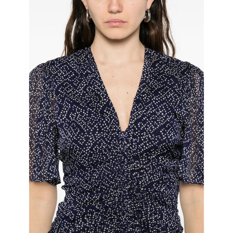 midnight blue printed dress with v-neck by Selfnex