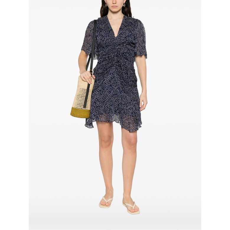 midnight blue printed dress with v-neck by Selfnex