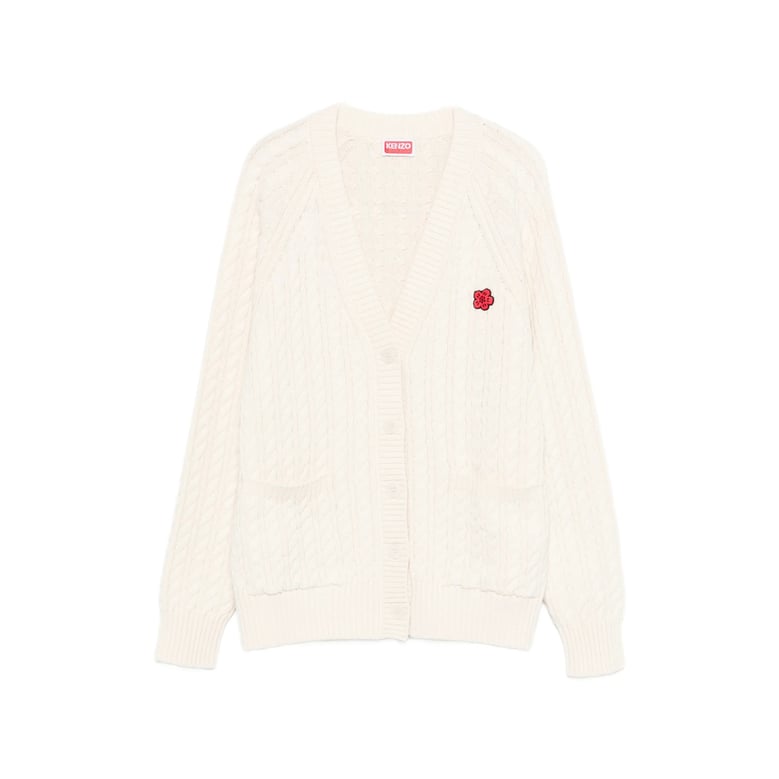 beige flower appliqué cable-knit sweater by Selfnex
