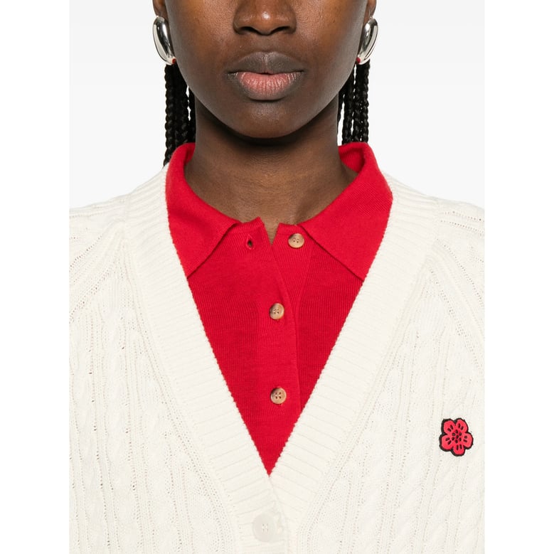 beige flower appliqué cable-knit sweater by Selfnex
