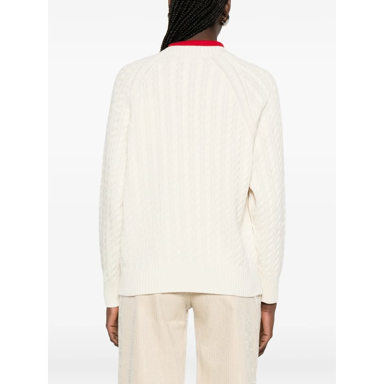beige flower appliqué cable-knit sweater by Selfnex