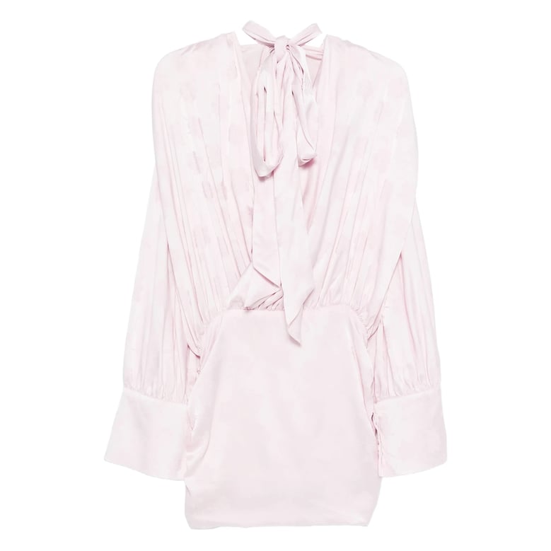 light pink tie-neck floral jacquard dress by Selfnex