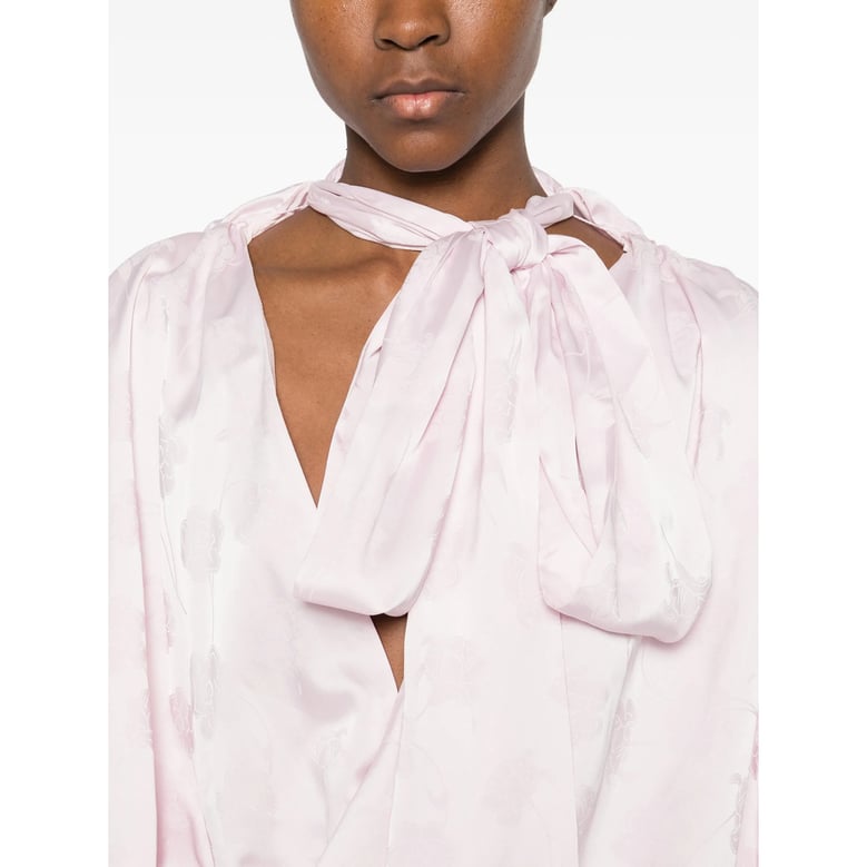 light pink tie-neck floral jacquard dress by Selfnex