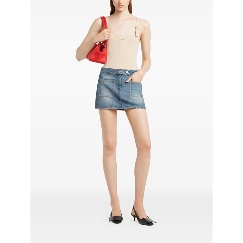 button-fastening blue skirt by Selfnex