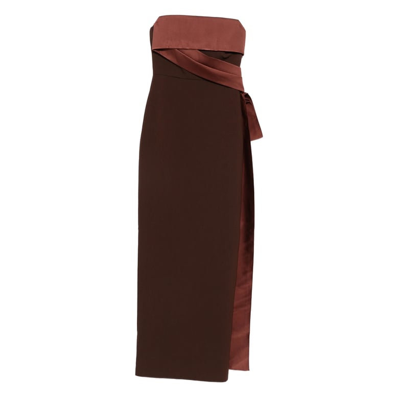 brown strapless dress with tie detail by Selfnex