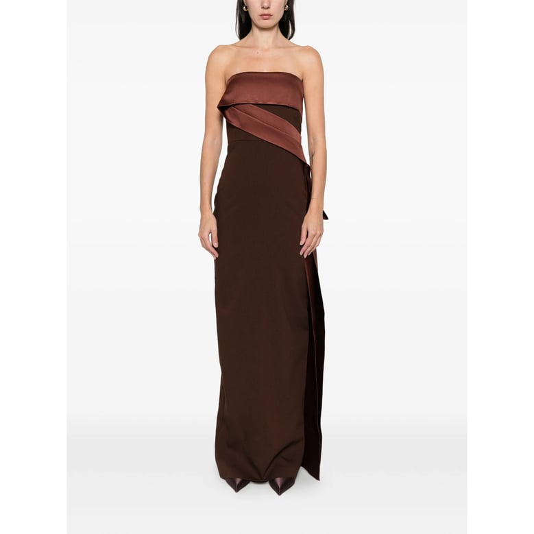 brown strapless dress with tie detail by Selfnex