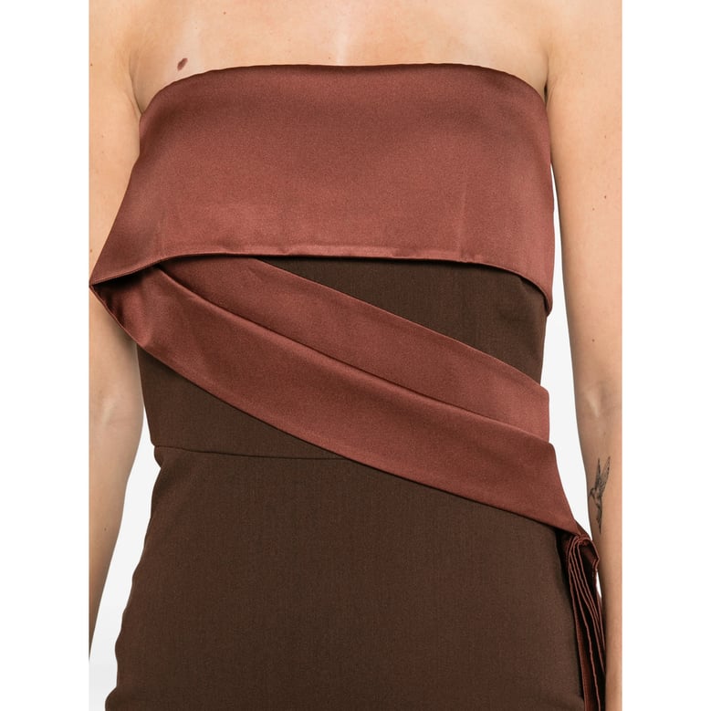 brown strapless dress with tie detail by Selfnex