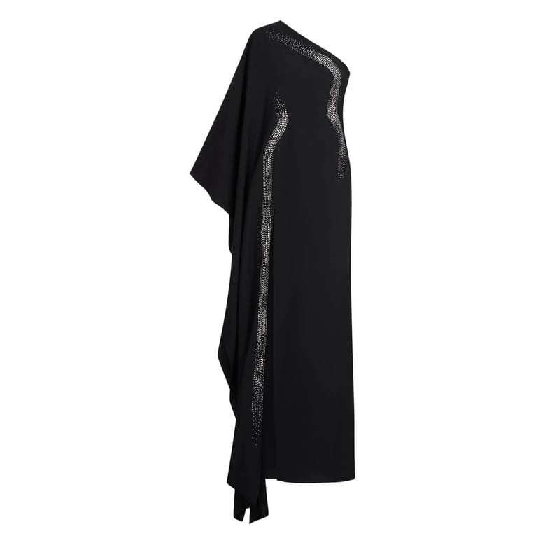 one-shoulder black dress with draped sleeve by Selfnex