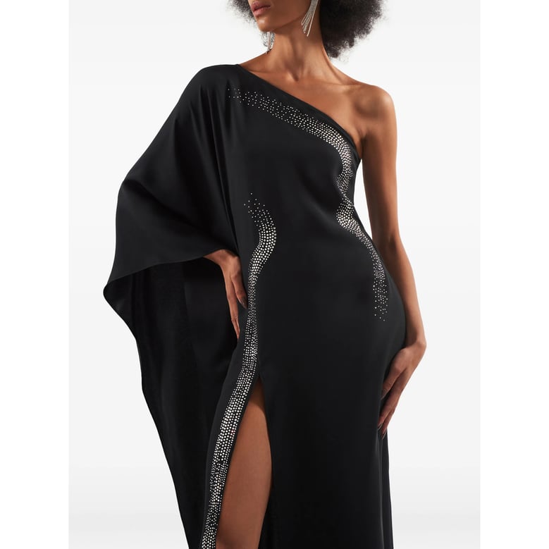 one-shoulder black dress with draped sleeve by Selfnex