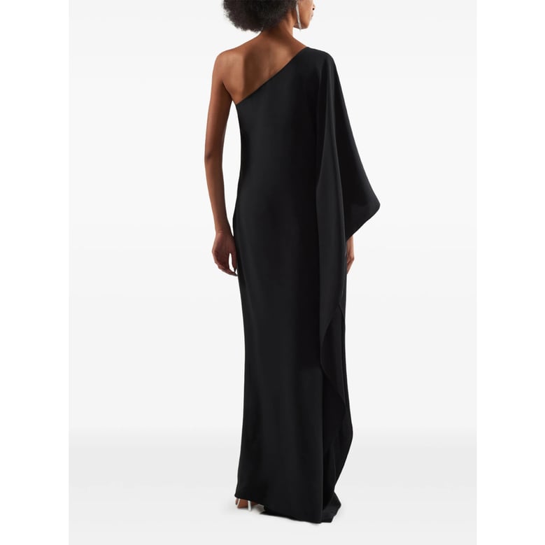one-shoulder black dress with draped sleeve by Selfnex