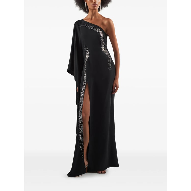 one-shoulder black dress with draped sleeve by Selfnex
