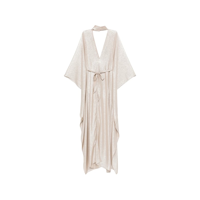 beige v-neck dress with tie waist by Selfnex