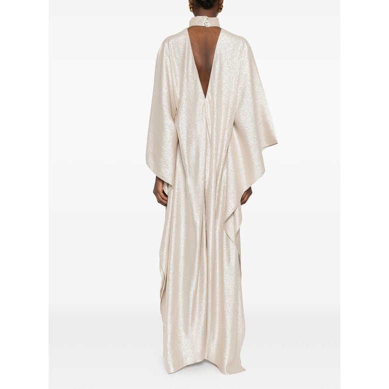 beige v-neck dress with tie waist by Selfnex